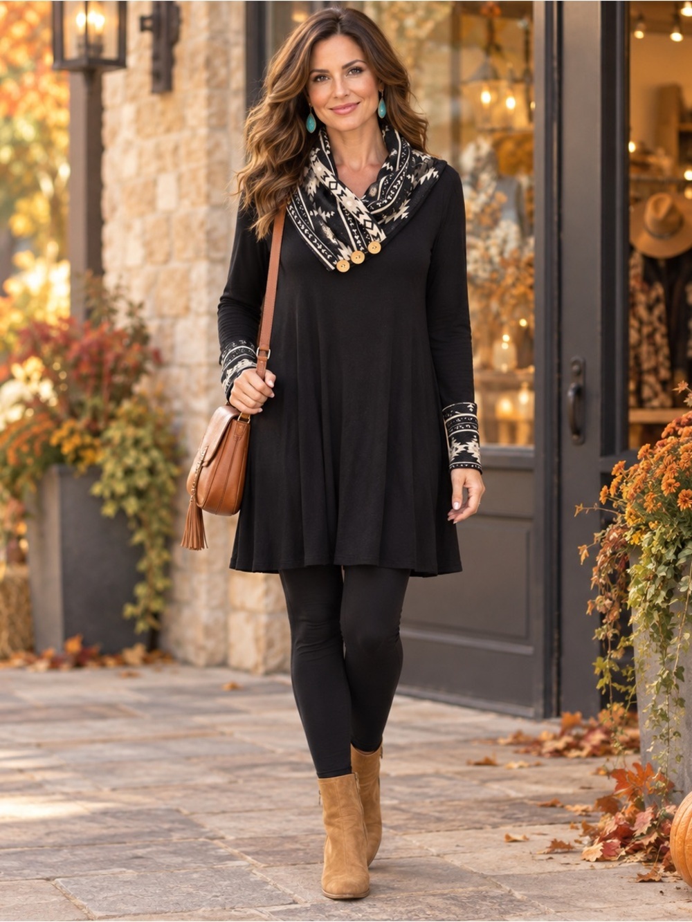 LilyPad 1XL Black Southwestern Cowl Neck Swing Tunic Dress Boho